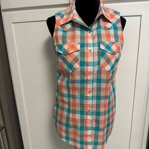 Wrangler Wrancher Women's Sleeveless Plaid Shirt Size Small Pearl Snap Buttons